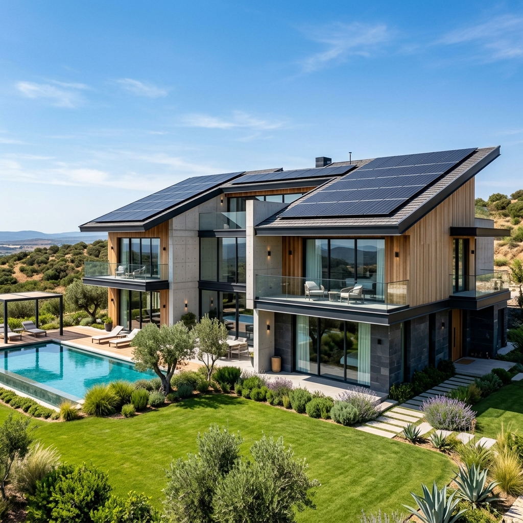 Sleek modern villa equipped with high-tech solar panels